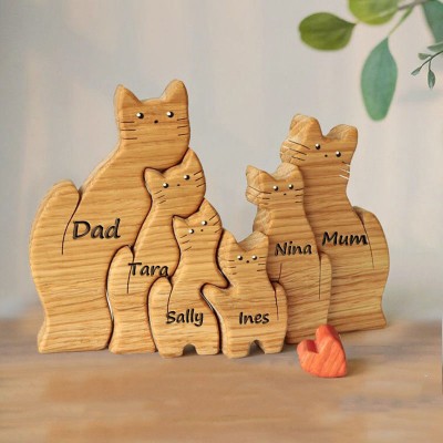 Personalised Wooden Cats Family Puzzle Animal Figurines Anniversary Family Gifts For Mum Wife Her