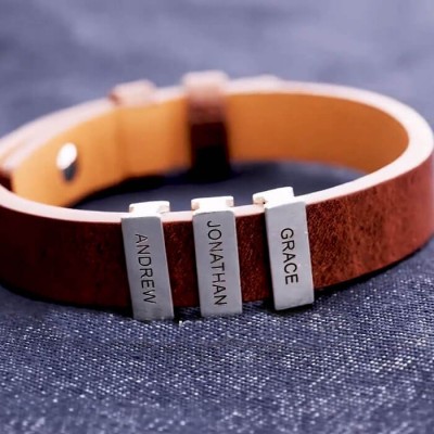 Personalised Leather Beads Bracelet With 1-10 Family Names Engraving Father's Day Gifts