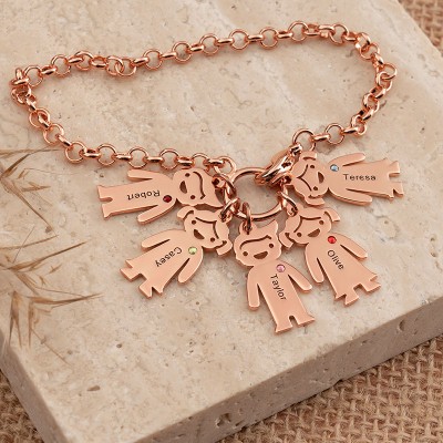 18K Rose Gold Plating Personalised Engravable Bracelet with 1-6 Children Pendants