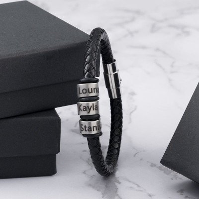 Personalised Black Leather Bracelet With 1-10 Beads