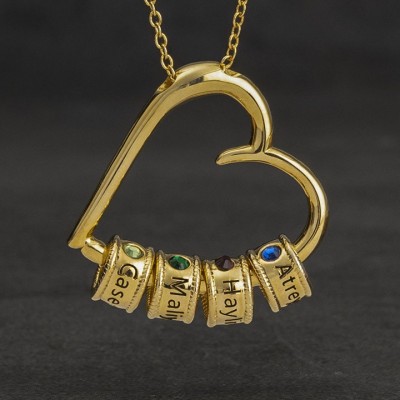 Personalised Heart Shape Pendant Family Engraved Necklace With Kids Names Beads And Birthstones Birthday Gifts For New Mum Unique Gift For Mum Grandma Mother's Day Gift Ideas