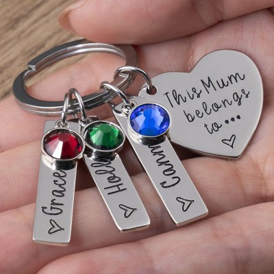 Personalised 1-10 Engraving Names with Birthstone Keychain Gift For Mum and Grandma