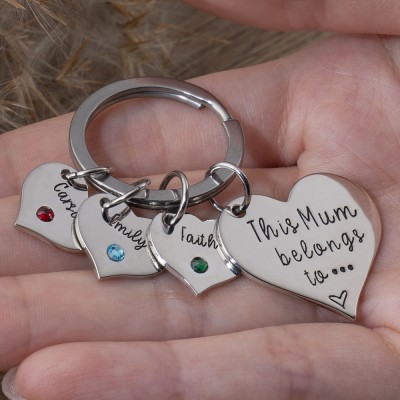 Personalised Heart Engraving Charm Birthstones Keychain Gift for Mum Grandma Her