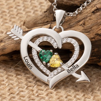 Personalised Cupid Arrow Double Heart Name Birthstone Necklace Love Anniversary Gift Ideas For Her Wife Girlfriend