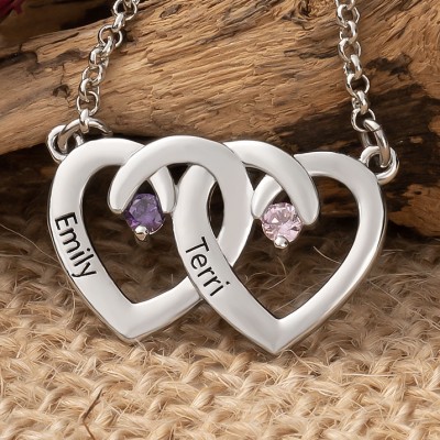 Personalised Double Heart Names Birthstones Necklace Valentine's Day Gifts For Wife Girlfriend Her