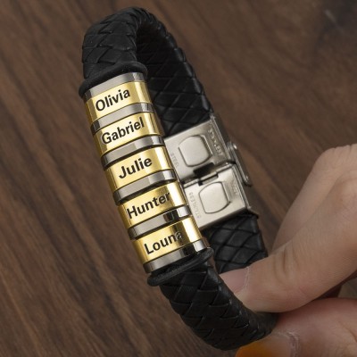 Personalised Mens Beads Braid Leather Bracelet With 1-10 Beads