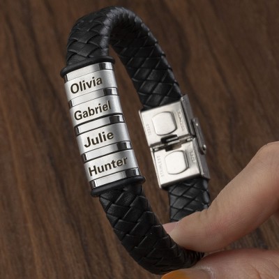 Personalised Mens Beads Braid Leather Bracelet With 1-10 Beads