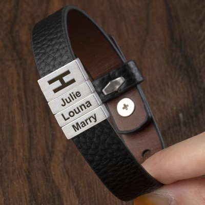 Personalised Initial Leather Bracelet With Engraved Kids Names Unique Gift For Dad Birthday Keepsake Gift For Husband Special Father's Day Gift Ideas