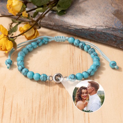 Personalised Blue Beaded Photo Projection Bracelet for Couples Christmas Gift Ideas Gifts for Valentine's Day Anniversary