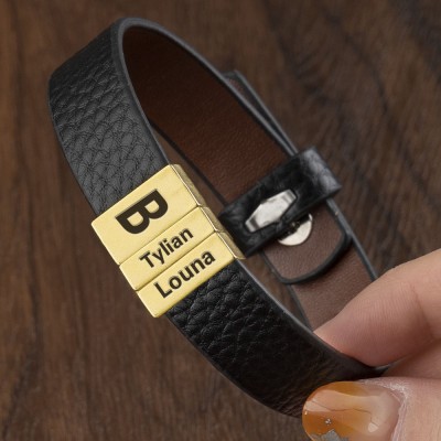 Personalised Leather Beads Bracelet With Dad And Children's Name Engraving Unique Gift For Men