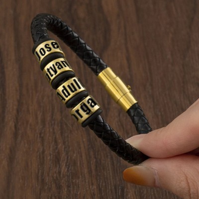 Personalised Black Leather Bracelet With 1-10 Beads