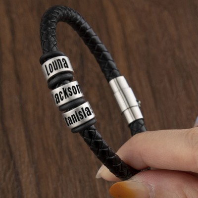 Personalised Black Leather Bracelet With 1-10 Beads