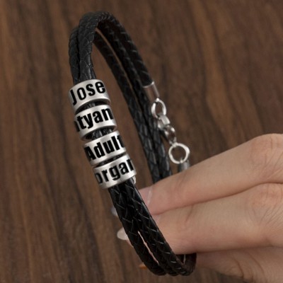 Personalised Braid Black Leather Men Bracelet With Engraved Name Gifts For Dad Husband Boyfriend Him