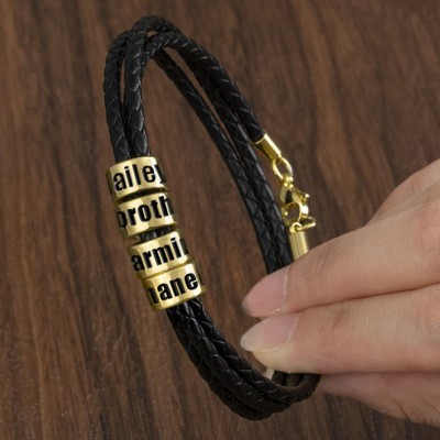 Braided Leather Bracelet with Small Custom Beads In Gold Gift For Men Unique Father's Day Gift