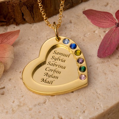 Personalised Heart Shaped Family Necklace With Kids Names and Birthstones Unique Gift For New Mum Birthday Gift For Mum Keepsake Gift For Grandma Mother's Day Gift Ideas