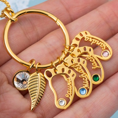 Personalised Circle 1-8 Hollow Baby Feet Shape Pendants with Birthstones Perfect Mother's Day Gift