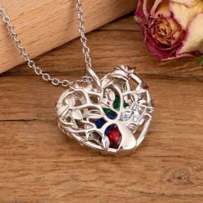 Personalised Heart Shape Family Tree Caged Pendant Necklace with 1-8 Birthstones Gifts For Mum Grandma