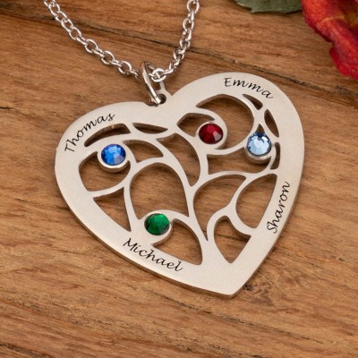 Personalised Heart Shape Names Birthstones Family Tree Necklace With Kids Name Gift For Mum Grandma