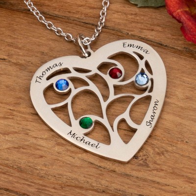 Personalised Heart Shaped Tree of Life Family Necklace With Kids Names And Birthstones Birthday Keepsake Gift For Mum Grandma Mother's Day Gift Mum Pregnancy Gift