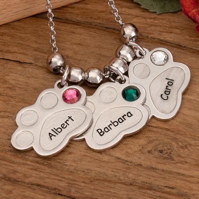 Personalised 1-5 Pet Paw Print Shaped Charms Necklace With Engraved Names And Birthstones Unique Birthday Gift For Pet Owner Family Gift For Mum Grandma Mother's Day Gift Ideas