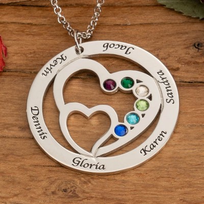 Personalised 1-7 Birthstones and Names Double Heart Necklace Gift For Mum Her Wife