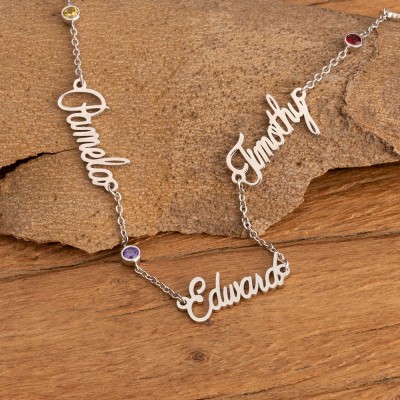 Silver Personalised 1-6 Names and Birthstones Necklace