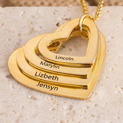 Personalised Heart Stacked Name Engraved Family Necklace Gifts For Mum Grandma Wife Her