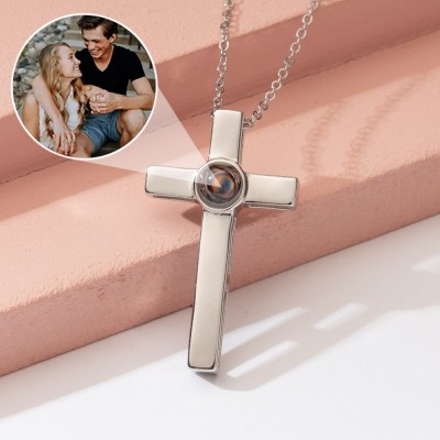Personalized Couple Cross Photo Projection Necklace With Picture Inside, Anniversary Gift For Couple Unique Christian Gift For Man