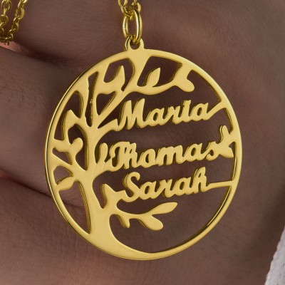 Personalised Tree of Life Name Necklace Family Tree Gifts for Mum Grandma Wife in Gold (1-8 Names)