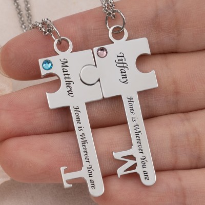 Personalised Puzzle Key Necklace Set with Birthstone Design Couple Necklace Love Gift Ideas for Her Anniversary Gifts Valentine's Day Gifts