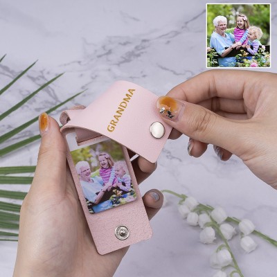 Personalised Pink Leather Engraved Photo Keychain