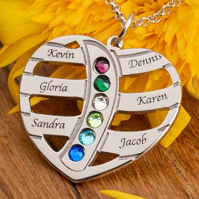 Personalised Mums Birthstone Necklace With 1-6 Kids Name