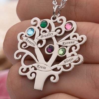 Personalised Birthstones Family Tree Necklace with 1-6 Names Customise Family Jewelry