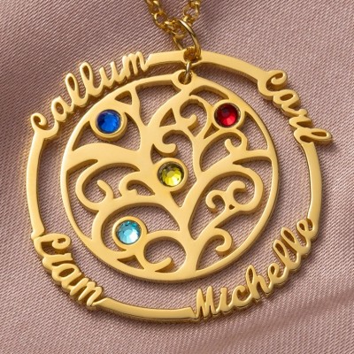 Personalised Family Tree Name Necklace With 1-6 Birthstones Gift for Her Mum Wife Grandma