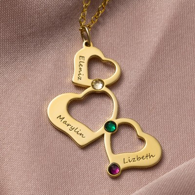 Personalised Heart To Heart Charm Engraved Names Birthstones Necklace Birthday Anniversary Gift For Her Mum Wife Grandma