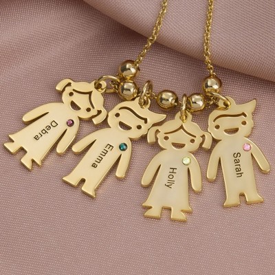 Personalised Kids Shaped Charm Pendant Name Birthstone Necklace Gift For Mum Grandma Her