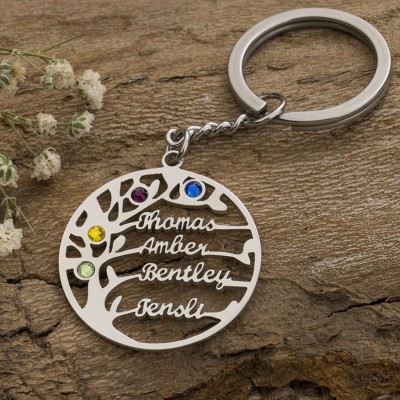Personalised Family Tree Name Keychain with 1-8 Names Birthstones