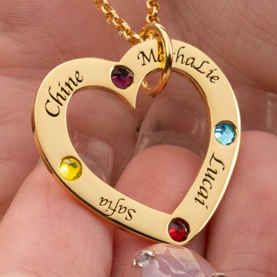 Personalised Family In Your Heart Mother Birthstones Necklace With Kids Name Gift For Mum Grandma