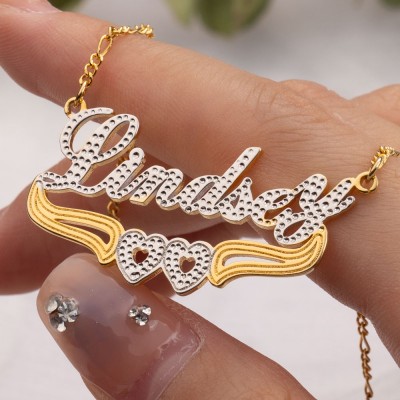 18K Gold Plating Personalised Two-Color Name Necklace with Heart Decoration Below