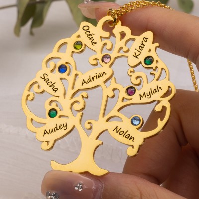 Personalised Tree of Life Name Necklace Family Mother's Day Gift Mum Grandma Gift Idea (1-15 Names+Birthstones)