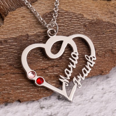 Personalised Couple Heart Names Necklace With Birthstones