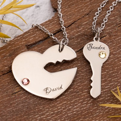 Personalised Engraved Necklace Key To My Heart Name Pendant Set For Couple