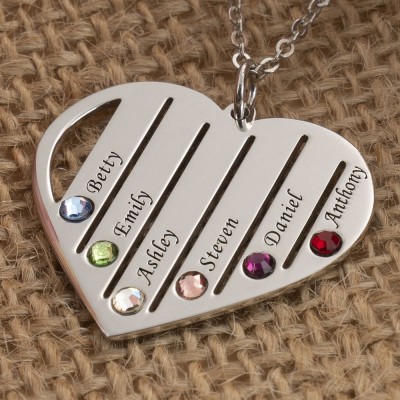 Personalised Heart Engraved Names Birthstones Necklace Gift For Mum Grandma Loved Ones