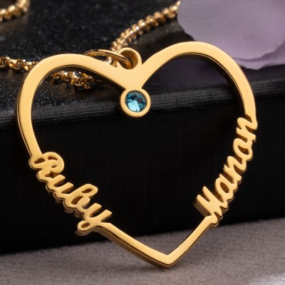Personalised Contour Heart Pendant Name Necklace with Birthstone Custom Couple Jewelry Birthday Gift for Her Wedding Anniversary Gifts 