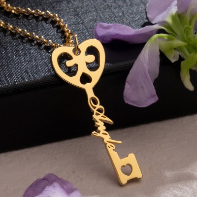 Custom Name Key Necklace Women Heart Statement Necklaces Personalised Jewelry for Friend Birthday Gift for Her Wedding Gifts