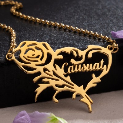Personalised Romantic Rose Heart Nameplate Pendant Necklace For Women Wedding Party Gifts Ideas For Her Mum Grandma Wife