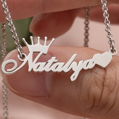 Personalised Crown Name Necklace with a Heart for Women Minimalist Name Jewelry Gift for Her