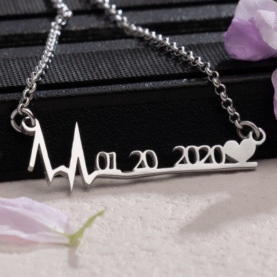 Personalised Heartbeat Date Necklace Birthday Anniversary Gifts For Wife Mum Grandma Her Dad Grandpa Him