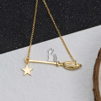 Halloween Cat On A Broom Necklace 