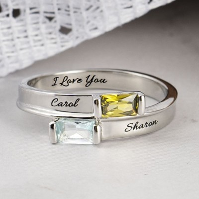 Personalised S925 Sterling Silver Double Baguette Bypass Engraving Promise Couple Ring Gift For Her